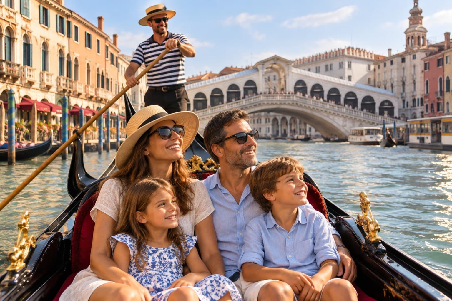 Famiglia in gondola sul Canal Grande con il Ponte di Rialto sullo sfondo