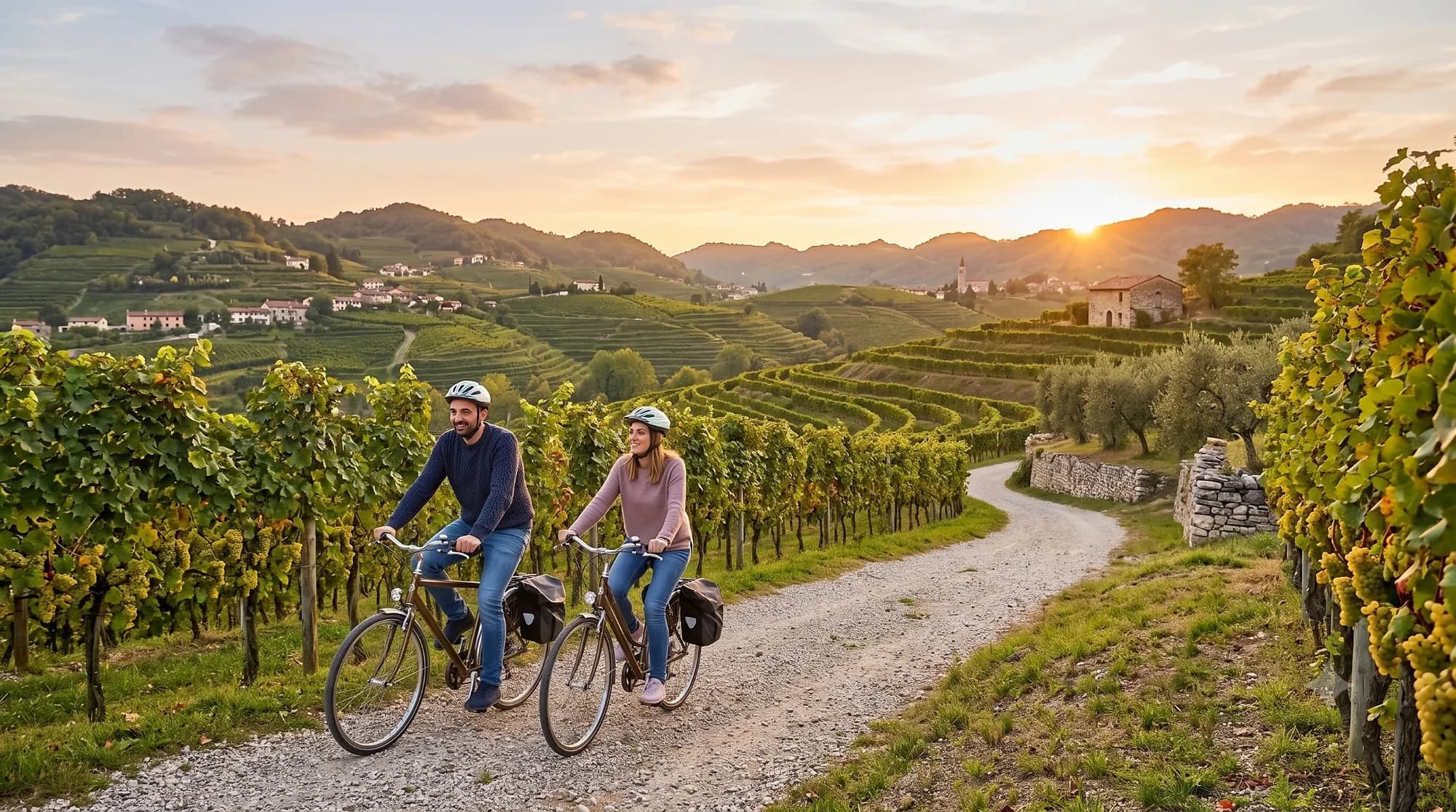 Cicloturisti in bicicletta tra paesaggi e vigneti del Veneto
