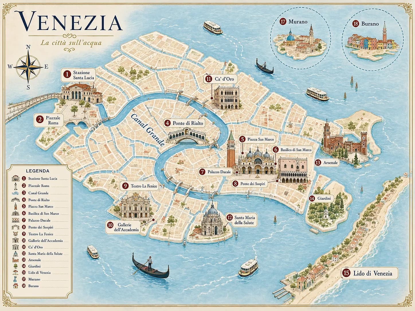 Mappa illustrata dei principali punti di interesse di Venezia, con Canal Grande, San Marco, Rialto, Murano, Burano e Lido